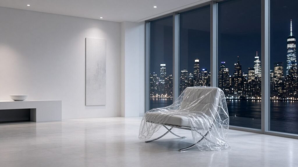 A stark white Manhattan apartment at night, a designer chair draped in clear plastic before floor-to-ceiling windows and city lights.