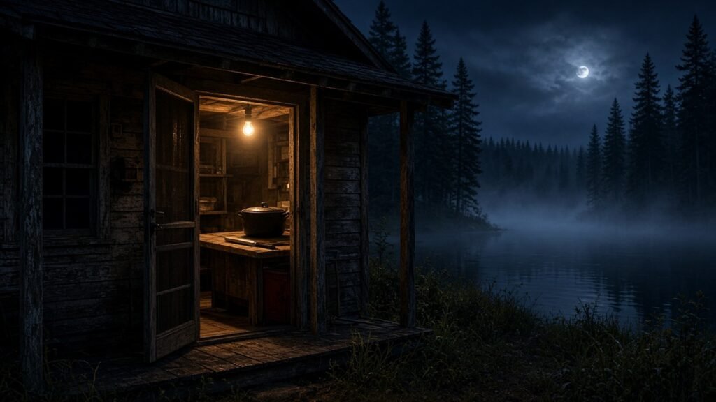 An empty summer-camp kitchen cabin beside a misty lake at night, a lone bulb lighting a cooking pot and a knife on the counter.