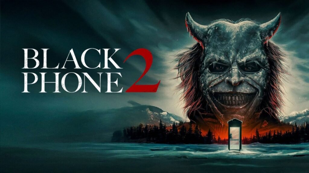 Official key art for Black Phone 2 (2025): the Grabber's frosted mask above the frozen lake and phone booth at Alpine Lake camp