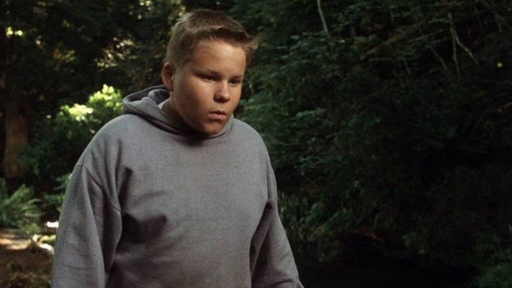 Brandon Crane as young Ben Hanscom in the Barrens, wearing a grey hoodie, in Stephen King's It (1990)