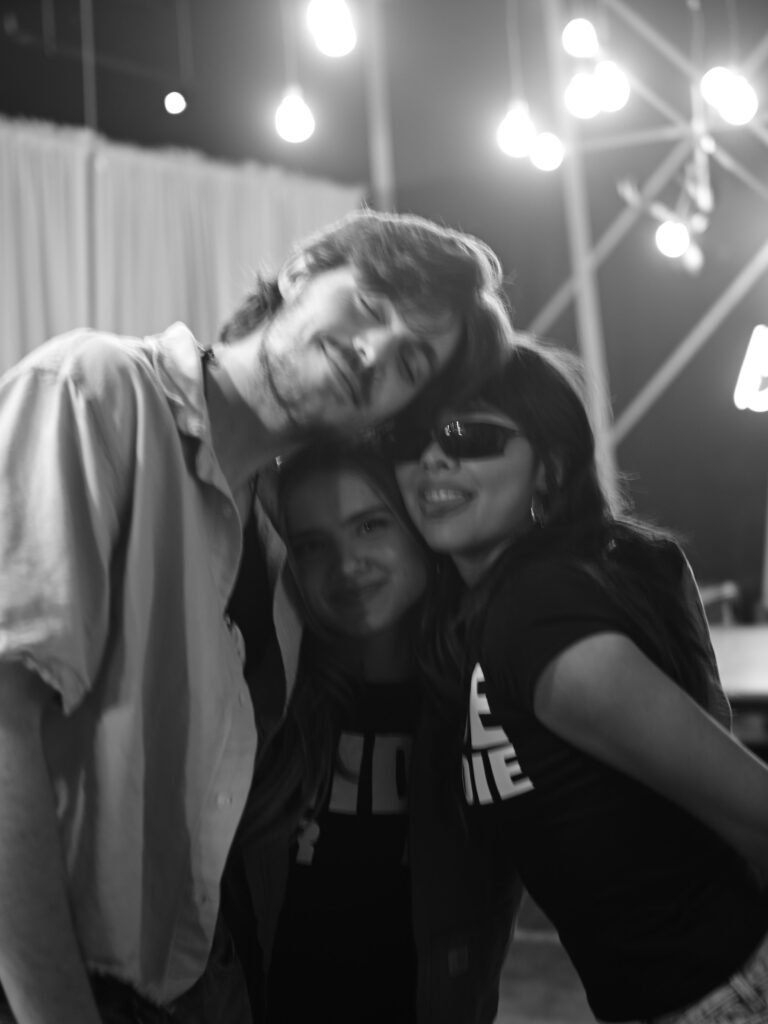 Bad Influence (2026) cast behind-the-scenes photo — Madeleine McGraw, Xochitl Gomez, Jack Champion