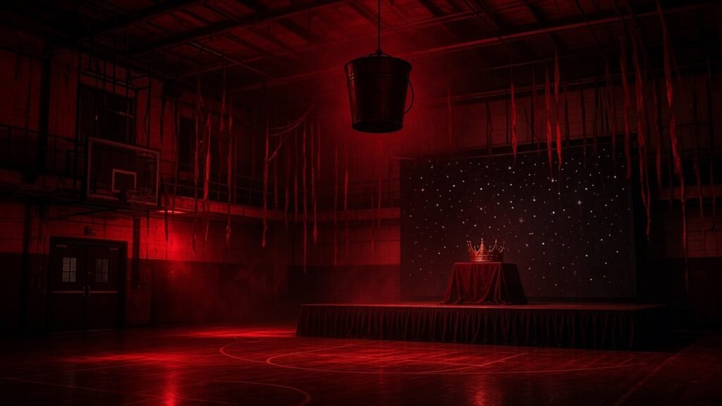 A darkened high school gym dressed for prom, a crown on an empty stage and a metal bucket hanging from the rafters, all lit in deep red.
