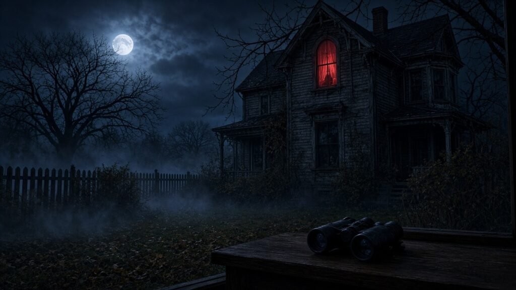 An old Victorian house next door at night with one attic window glowing red, binoculars resting on a window ledge in the foreground.