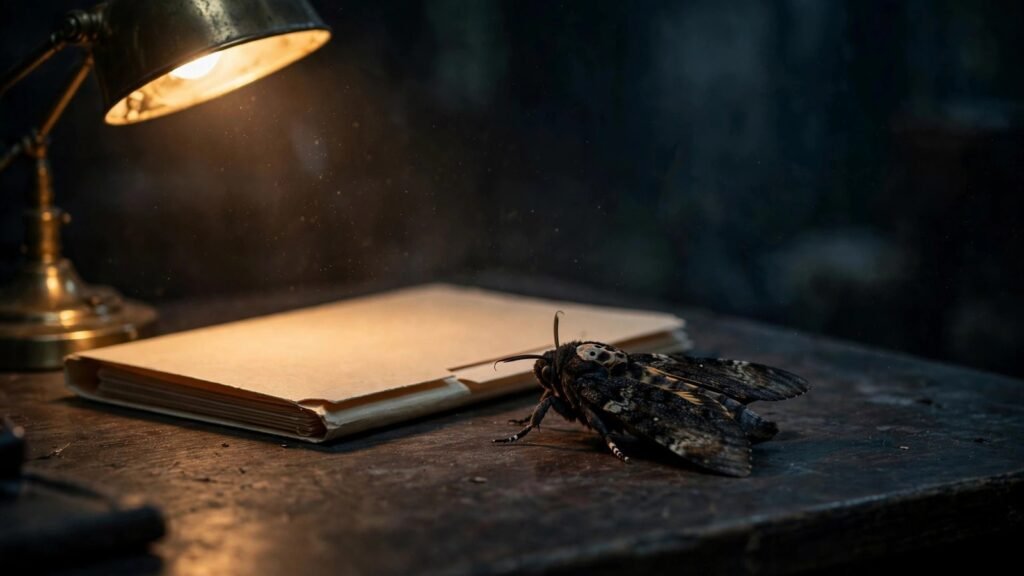 A death's-head hawkmoth on a dark evidence desk beside a case file, lit by a brass lamp