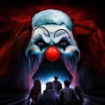 Official key art for the Hulu documentary Clown Panic (2026) — a menacing clown face looming over silhouetted kids