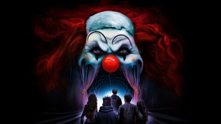 Official key art for the Hulu documentary Clown Panic (2026) — a menacing clown face looming over silhouetted kids