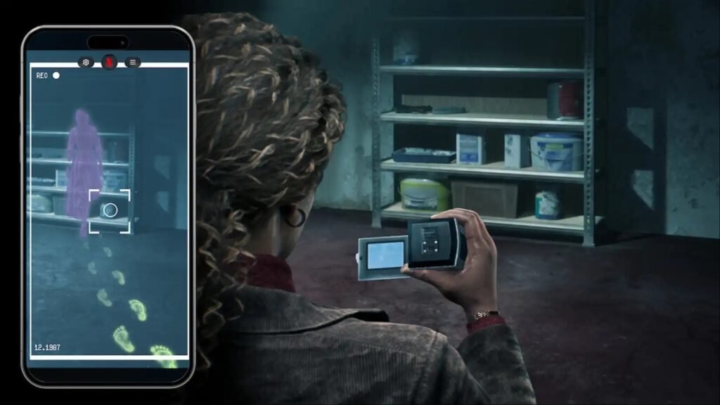 The Conjuring: Unspoken official key art — a demonologist films a ghostly apparition with her phone's paranormal investigation app