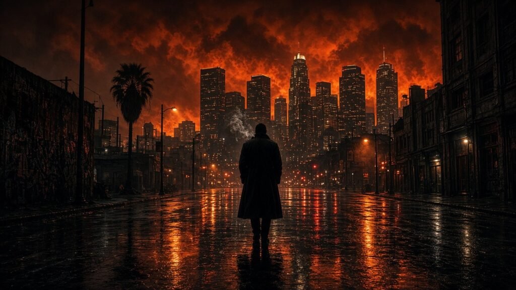 A lone figure in a long coat stands on a rain-slicked Los Angeles street at night under a burning orange sky, a wisp of smoke rising.