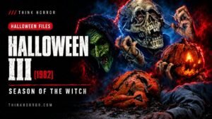 Halloween III: Season of the Witch (1982) — custom Think Horror featured art: the three Silver Shamrock masks