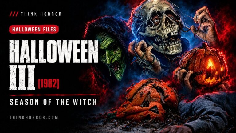 Halloween III: Season of the Witch (1982) — custom Think Horror featured art: the three Silver Shamrock masks