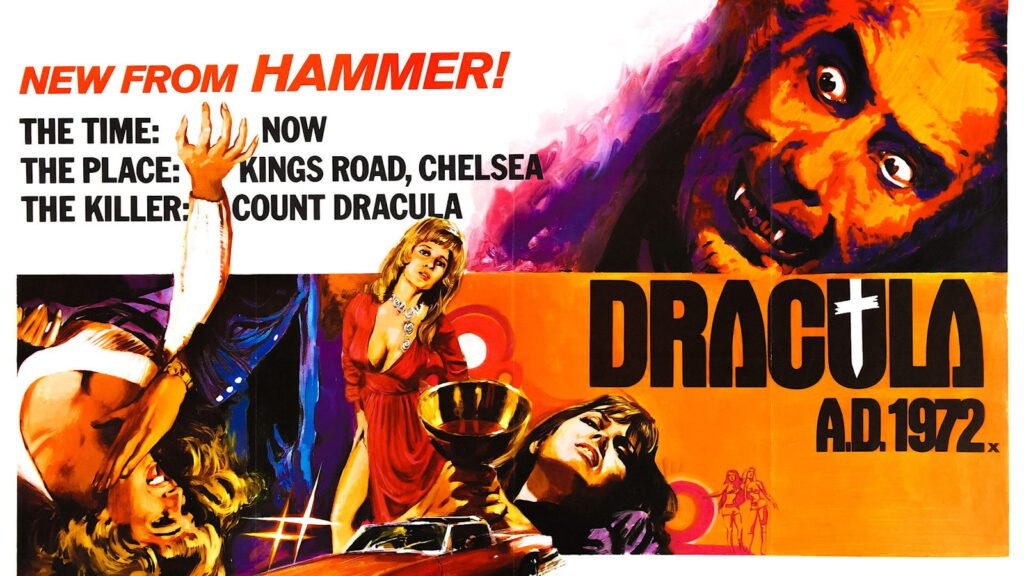 Dracula A.D. 1972 theatrical poster art — Count Dracula looming over King's Road, Chelsea