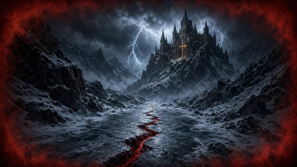 A frozen mountain stream in a storm with red seeping through the ice below a castle with a gold cross