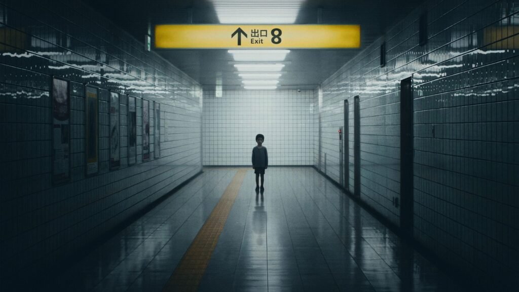 Naru Asanuma as The Boy standing alone in the tiled underground corridor beneath the yellow Exit 8 sign in Exit 8