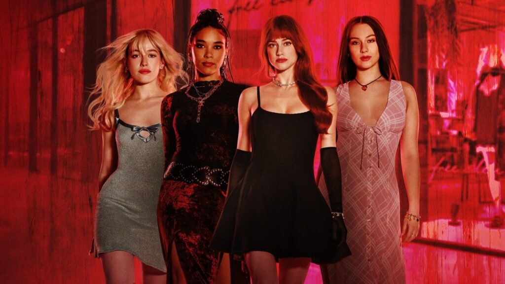 The four leads of Forbidden Fruits (2026) — Lili Reinhart, Alexandra Shipp, Victoria Pedretti and Lola Tung — in red-lit mall key art