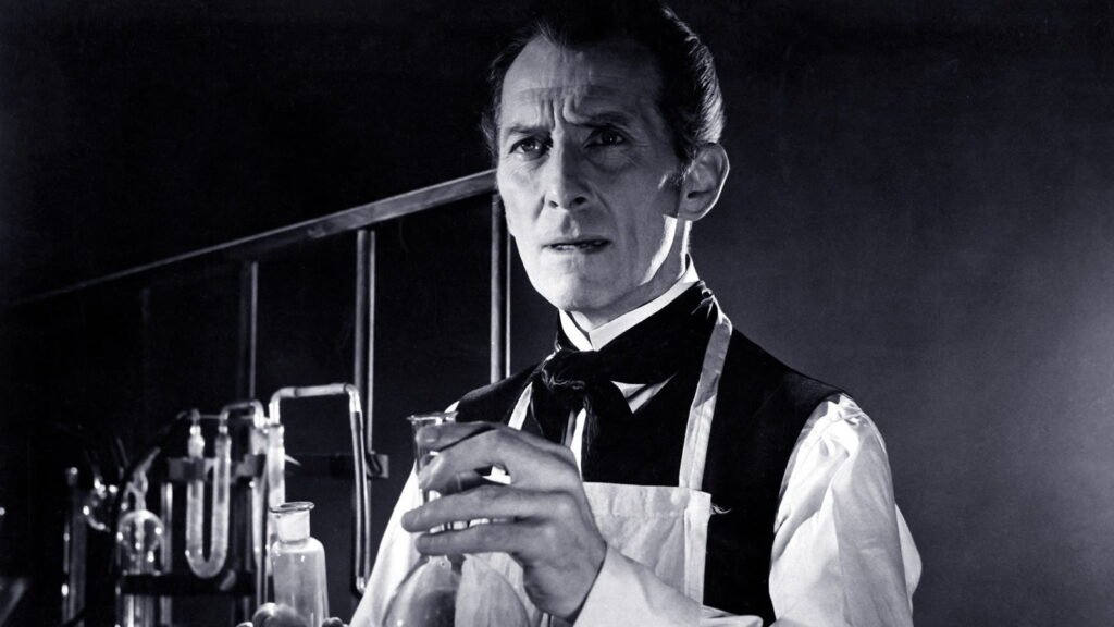 Peter Cushing as Baron Victor Frankenstein in the laboratory in Frankenstein Must Be Destroyed (1969)