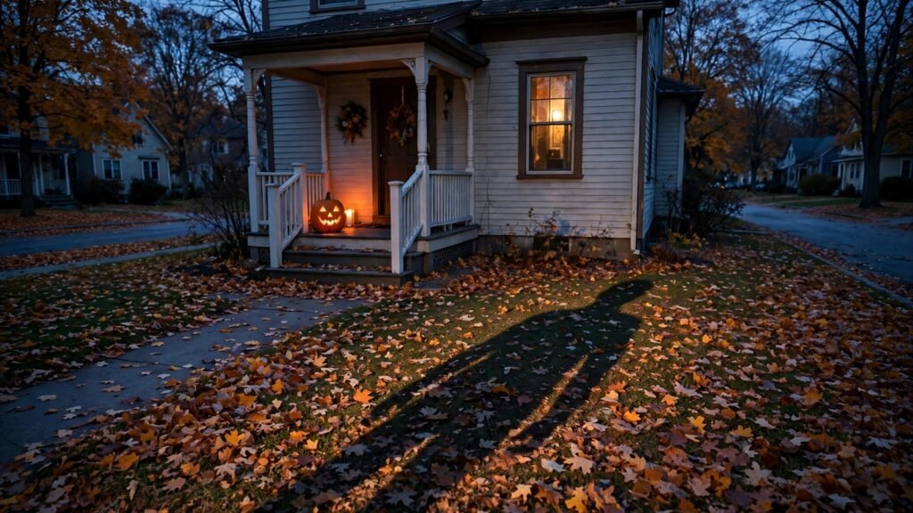 A quiet Haddonfield-style street at dusk, a lit jack-o'-lantern on a porch and a long shadow across a leaf-covered lawn.