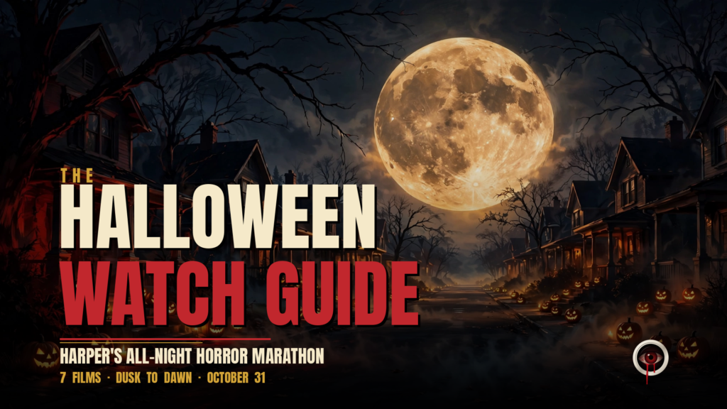 The Halloween Watch Guide — Think Horror featured art (designed art; moonlit street with jack-o'-lanterns)