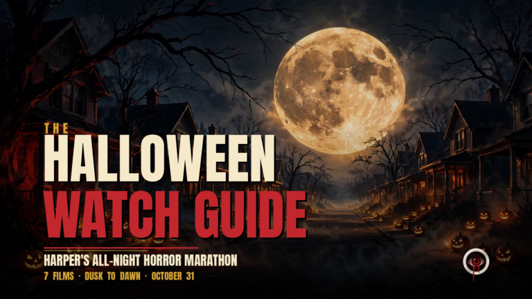 The Halloween Watch Guide — Think Horror featured art (designed art; moonlit street with jack-o'-lanterns)