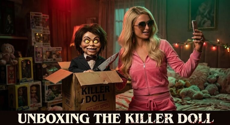 Unboxing the Killer Doll promotional image — Paris Hilton takes a selfie with the killer doll
