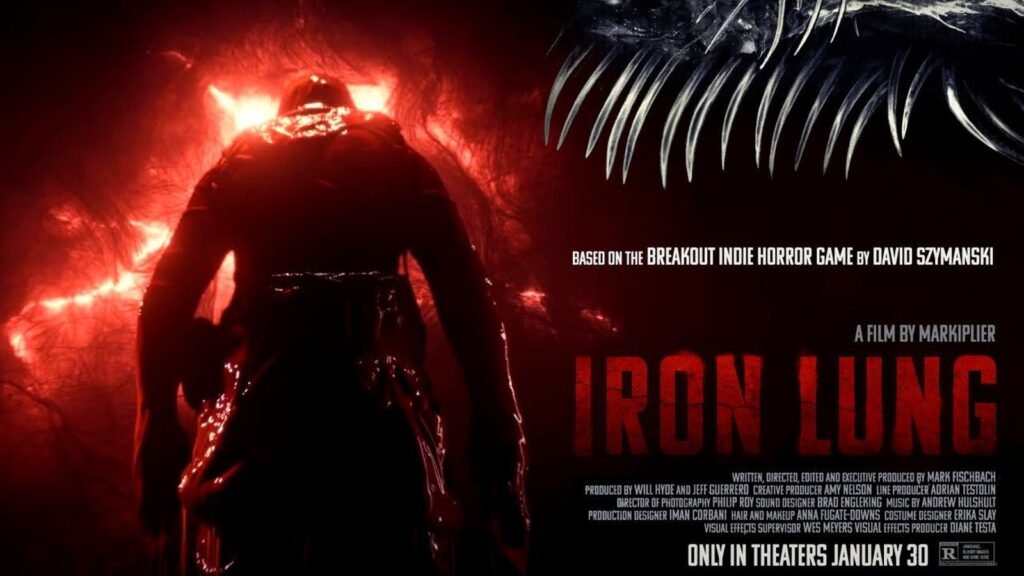 Iron Lung (2026) official key art: a lone figure stands in a glowing red ocean of blood as a clawed creature descends from above.