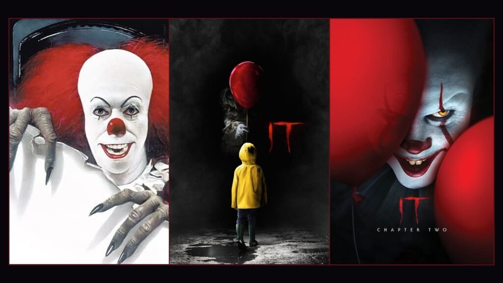 It franchise key art triptych — Tim Curry's Pennywise from Stephen King's It (1990), Georgie and the red balloon from It (2017), and Pennywise from It Chapter Two
