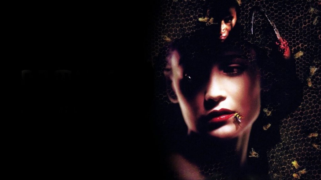 Kelly Rowan as Annie Tarrant in the key art for Candyman: Farewell to the Flesh (1995), her face in shadow over a honeycomb pattern with bees, Tony Todd's Candyman above her