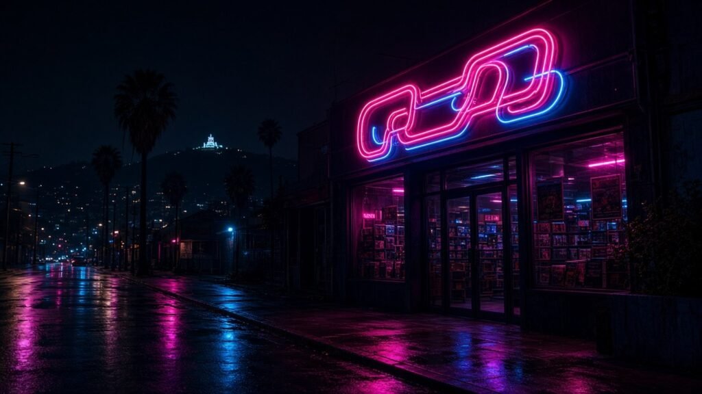 A rain-slicked Hollywood street at night, a neon-lit video store with palm trees and the hills beyond, glowing hot pink and electric blue.