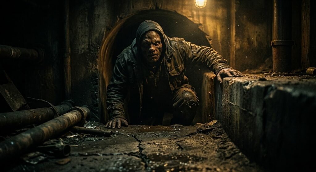 Creepy figure crawling through a dark underground tunnel — Rob Savage's Molepeople horror film