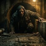 Creepy figure crawling through a dark underground tunnel — Rob Savage's Molepeople horror film