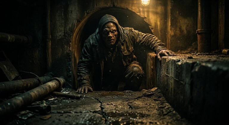 Creepy figure crawling through a dark underground tunnel — Rob Savage's Molepeople horror film