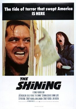 The Shining (1980) UK theatrical one-sheet — Jack Torrance bursts through the bathroom door as Wendy screams