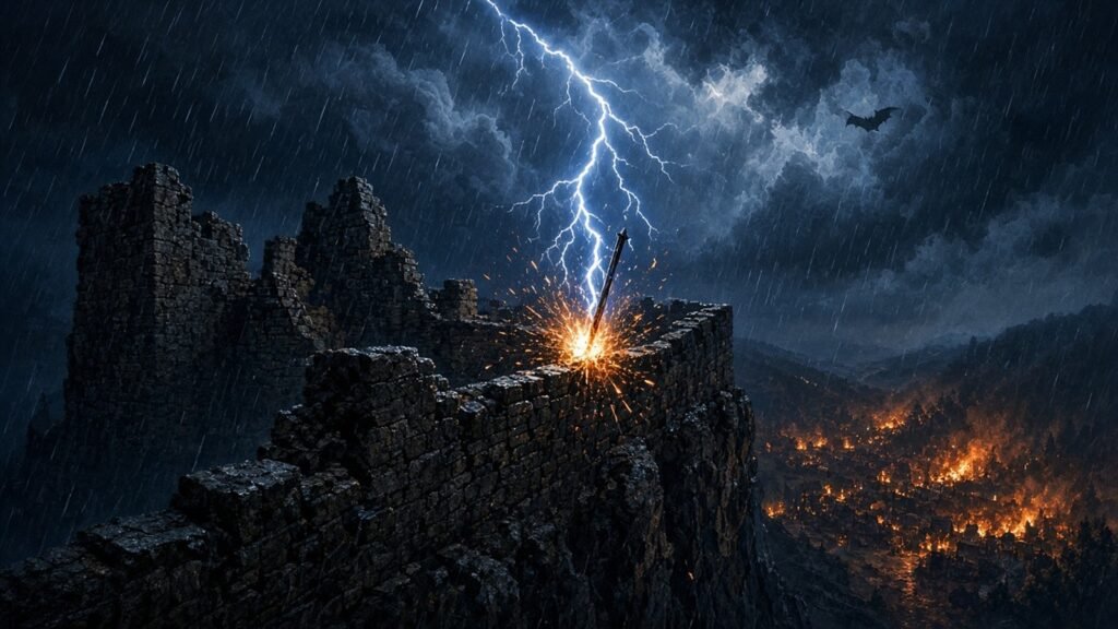 Lightning striking an iron spike on stormy castle battlements above a glowing valley