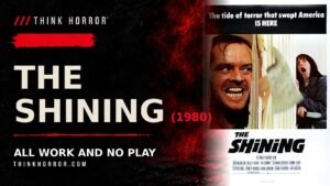 The Shining (1980) review card — UK theatrical one-sheet art beside the title treatment