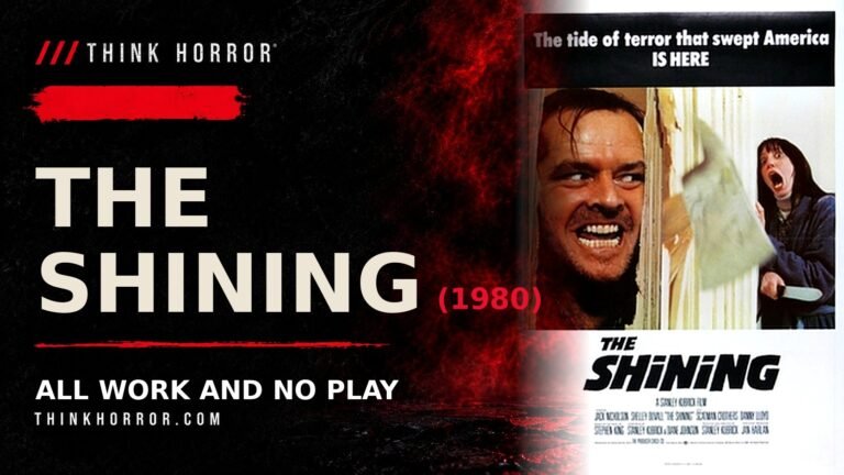 The Shining (1980) review card — UK theatrical one-sheet art beside the title treatment