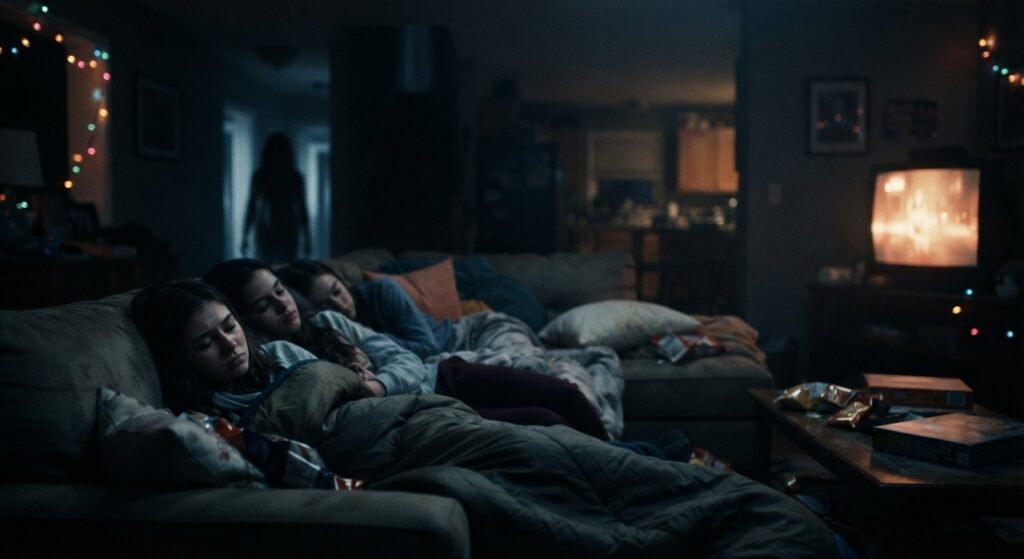 Three friends asleep on the couch at a sleepover while a shadowy figure looms in the dark hallway — Blumhouse's Sleepover