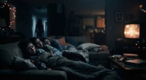 Three friends asleep on the couch at a sleepover while a shadowy figure looms in the dark hallway — Blumhouse's Sleepover