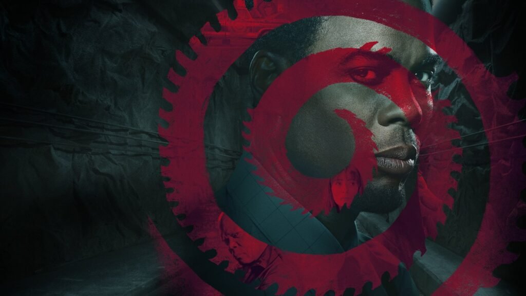 Official key art for Spiral: From the Book of Saw (2021): Chris Rock as Detective Zeke Banks inside the red spiral saw-blade motif