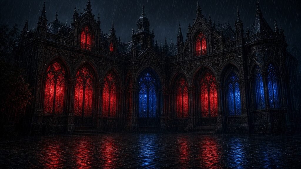 A Gothic dance academy at night in heavy rain, its arched windows glowing saturated red and blue over wet cobblestones.