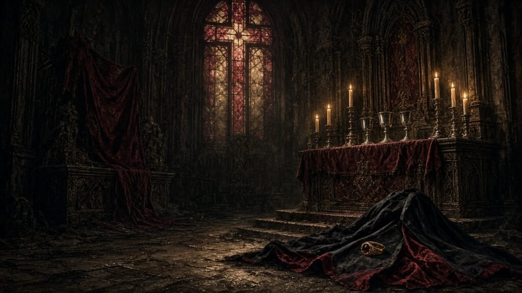 A desecrated church altar at night with three silver goblets, a red-lined cloak and a glowing cross window