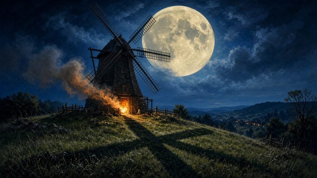 A windmill on a moonlit hill casting a cross-shaped shadow, firelight leaking from its door
