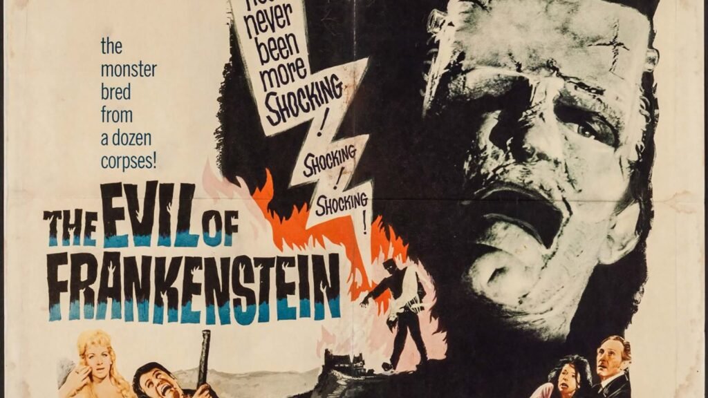 The Evil of Frankenstein (1964) theatrical poster art — the flat-headed Creature in the laboratory