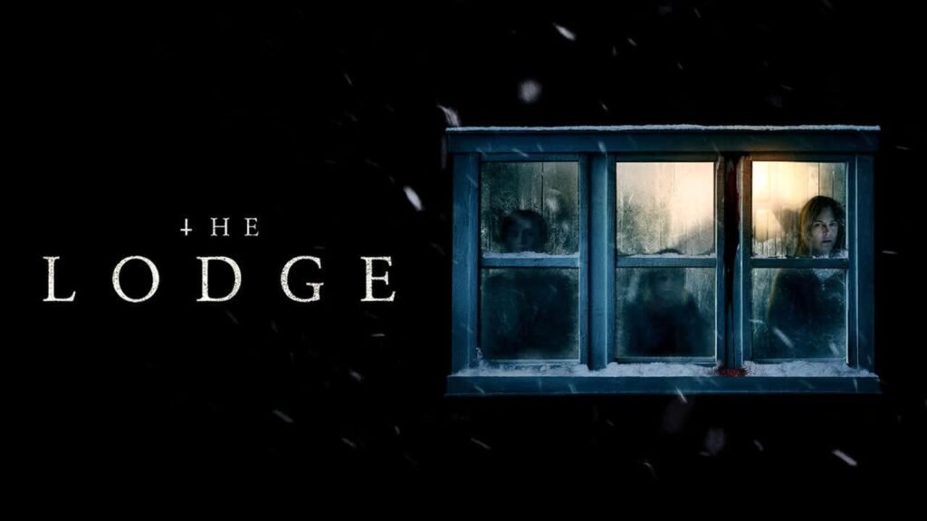 Official key art for The Lodge (2019) — Grace (Riley Keough) and the children behind the frosted windows of the snowbound lodge