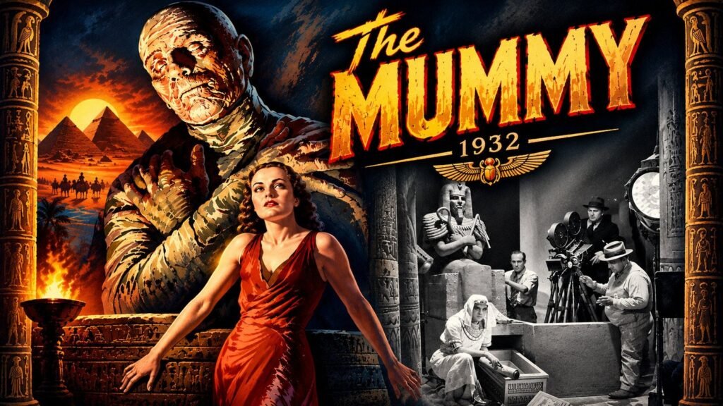 The Mummy (1932) custom artwork for Think Horror — Boris Karloff's Imhotep looming over Zita Johann, with a behind-the-scenes still from the 1932 production