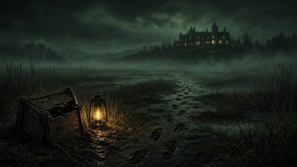 A fog-bound marsh at night with a splintered crate sunk in mud and footprints leading to a lit manor