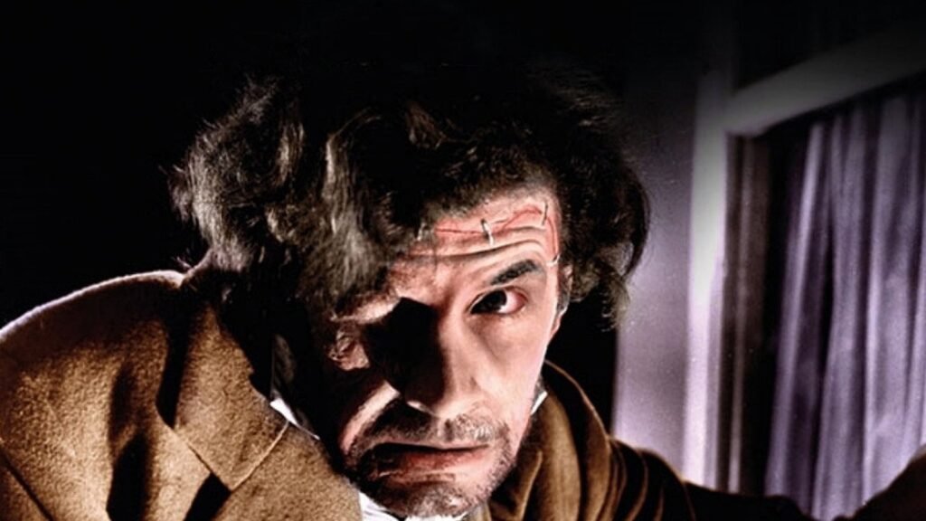 Michael Gwynn as Karl in his created body, the surgical scar across his forehead, in The Revenge of Frankenstein (1958)