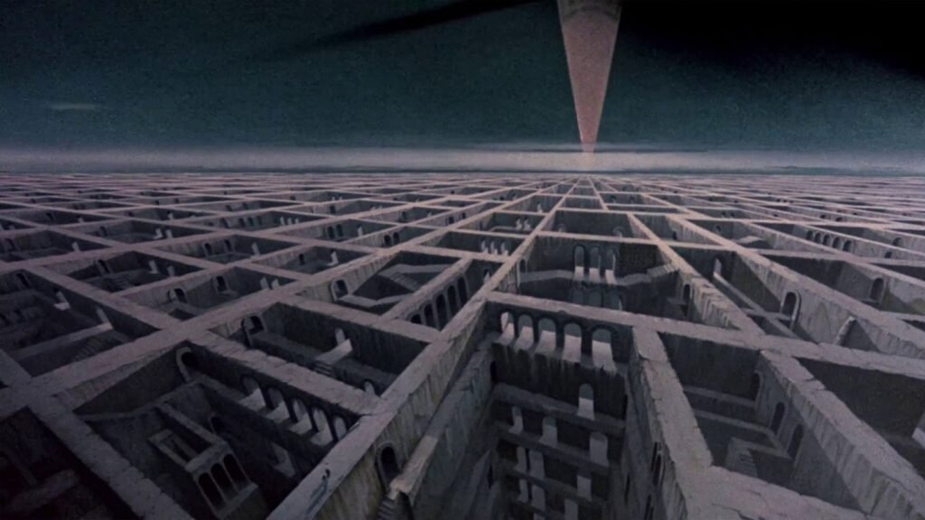 The vast Escher-like Labyrinth of Hell stretching to the horizon beneath Leviathan in Hellbound: Hellraiser II (1988), directed by Tony Randel