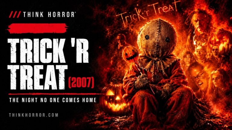 Trick 'r Treat (2007) — custom Think Horror featured art: Sam with his lollipop, the cast in the flames
