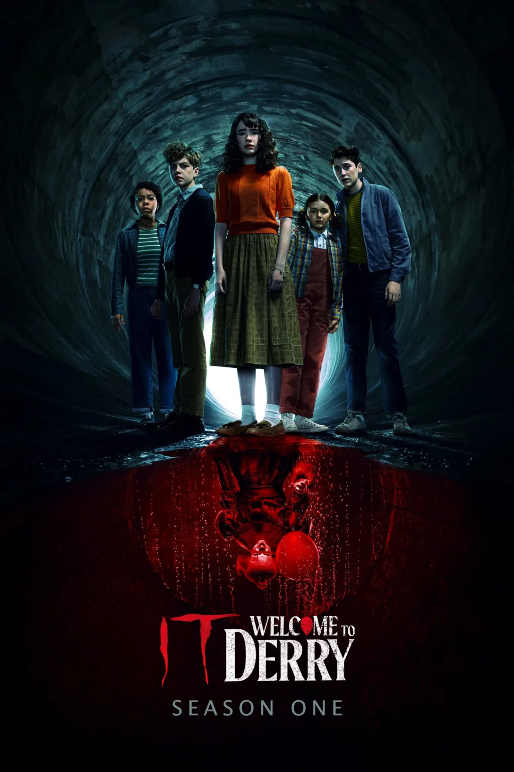 Official IT: Welcome to Derry Season One key art — five kids in a dark sewer tunnel with Pennywise's reflection in blood-red water