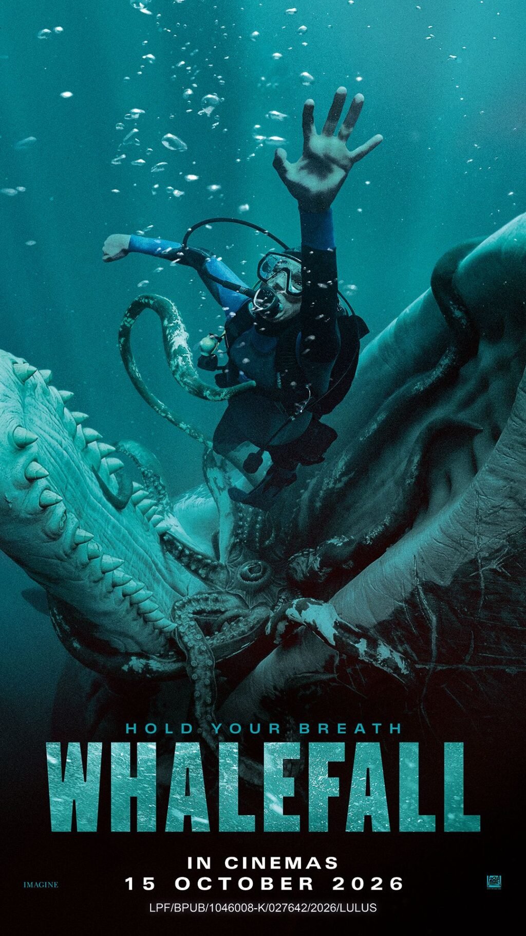Official Whalefall (2026) movie poster — a diver about to be swallowed by a sperm whale